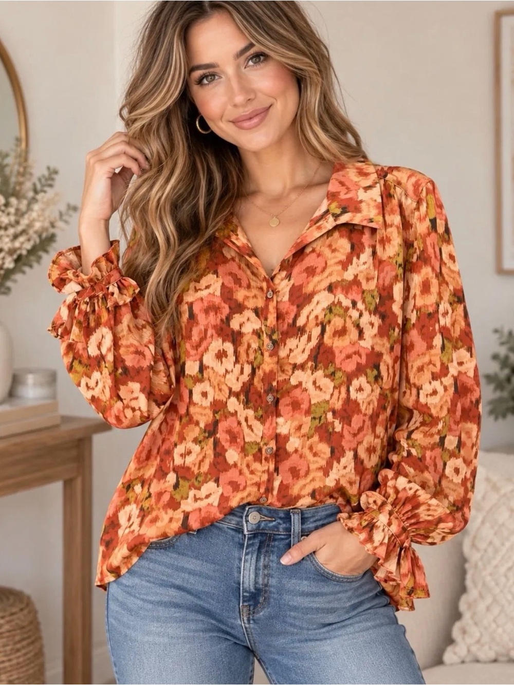 Vince Camuto Orange Floral Button-Down Blouse